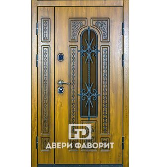 двустворчатая стальная дверь с ковкой и стеклом, отделка МДФ