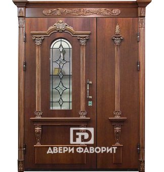 дверь двустворчатая для парадного входа со стеклом и ковкой