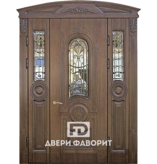 двустворчатая парадная дверь с боковой и верхней вставкой