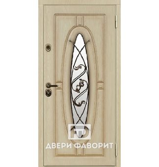 стальная дверь с ковкой и стеклом в коттедж, отделка филенчатым МДФ