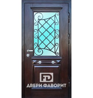 уличная металлическая дверь с декоративной ковкой и стеклом