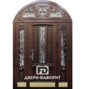 дверь стальная арочного типа со стеклянными вставками и коваными элементами